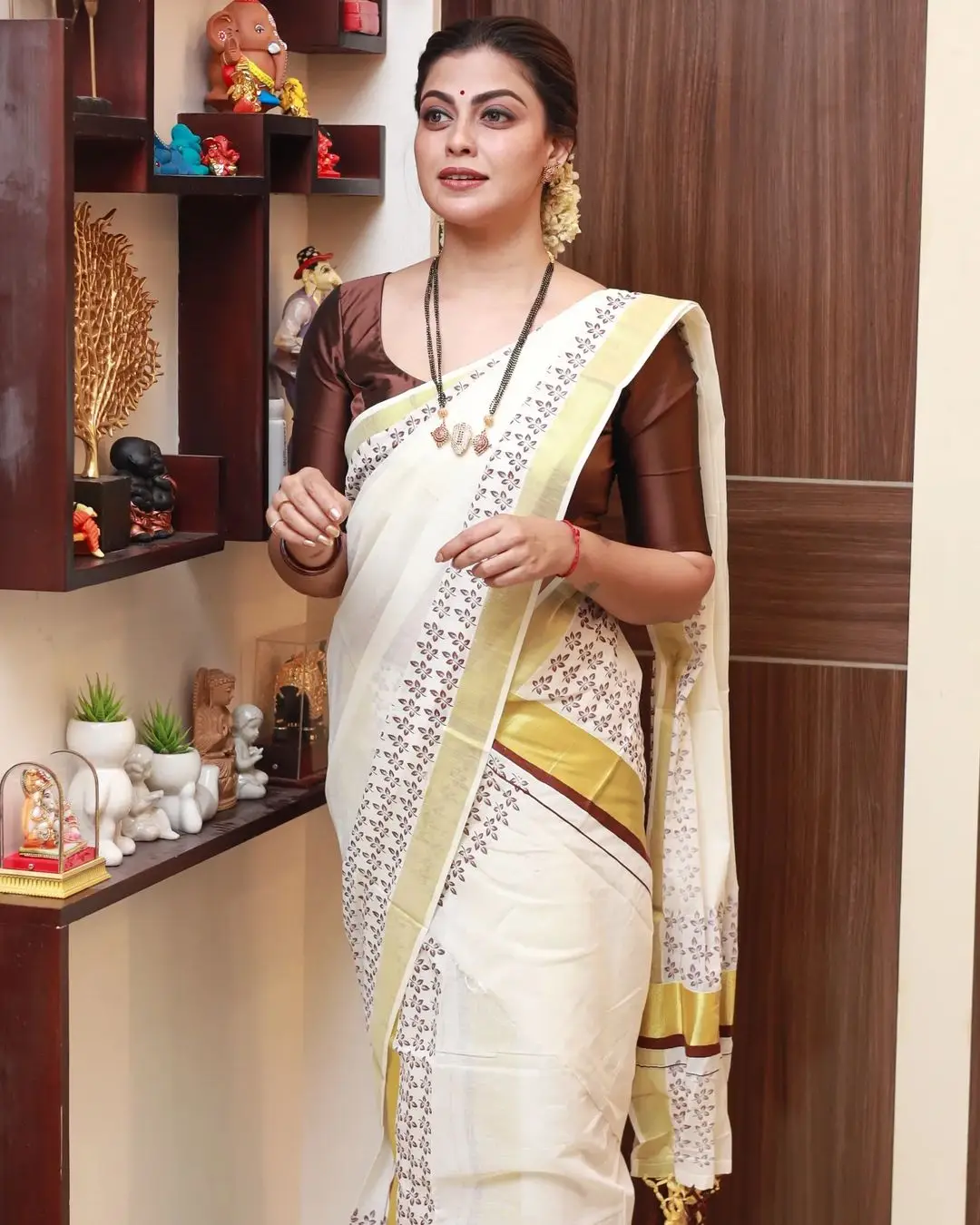 Anusree Nair Wearing Beautiful Earrings Jewellery White Saree Maroon Blouse